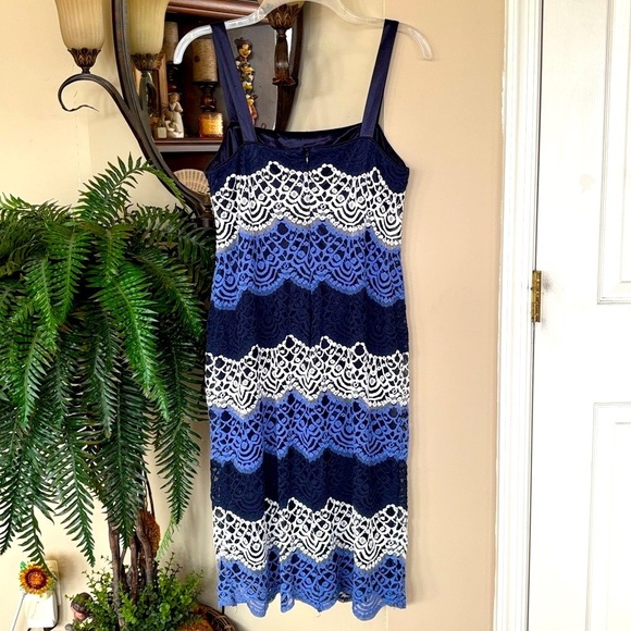 R&M Richards Multi-Shade Blue Scalloped Lace Formal Dress Satin Straps - Picture 6 of 13